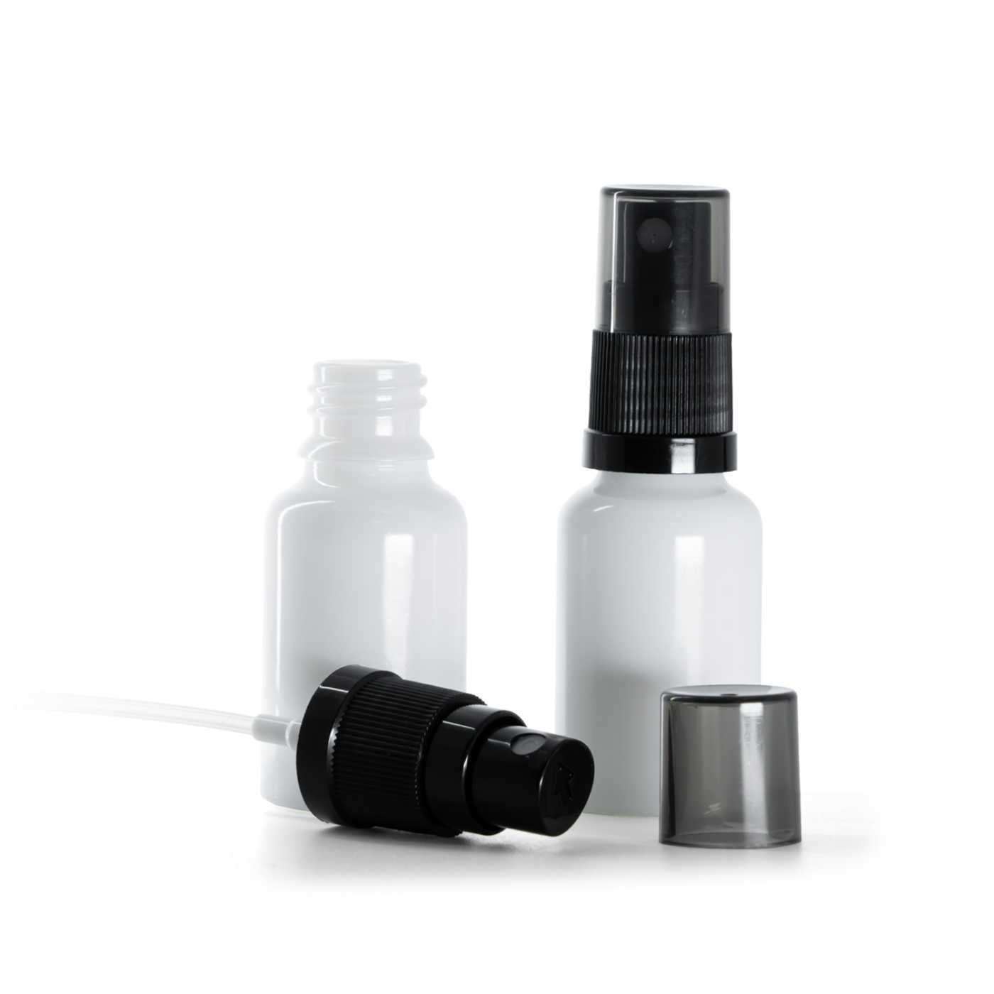 Butelka szklana, apteczna, biała, czarny atomizer, dymny kapturek, 15 ml