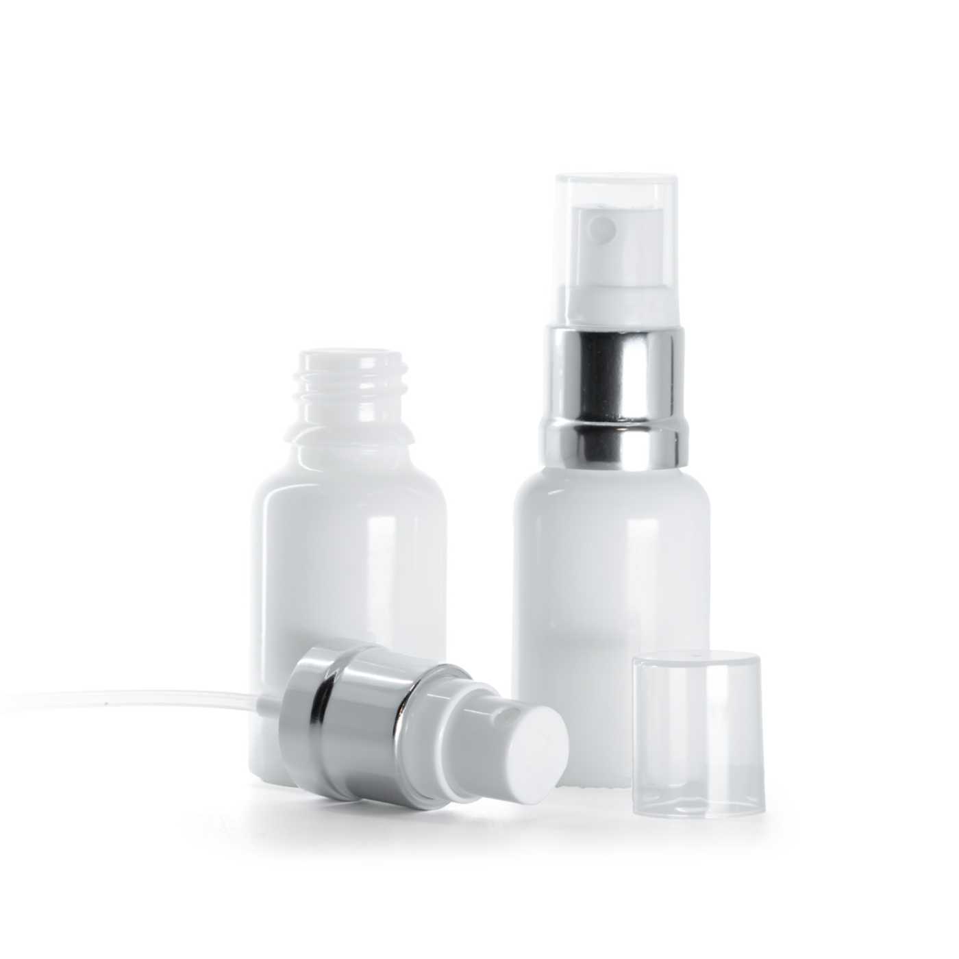 Butelka szklana apteczna, biała, biało-srebrny atomizer, 15 ml