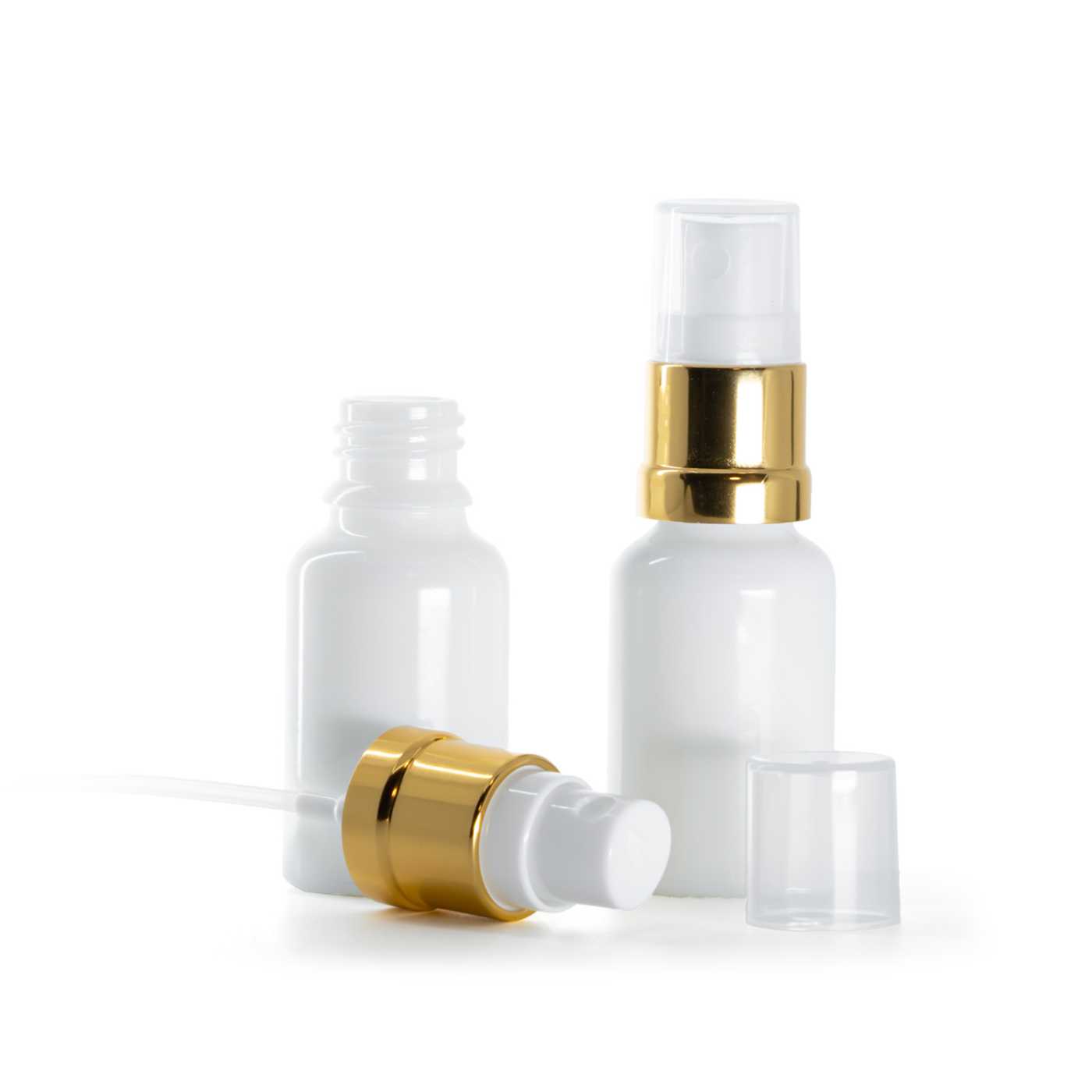 Butelka szklana apteczna, biała, biało-złoty atomizer, 15 ml