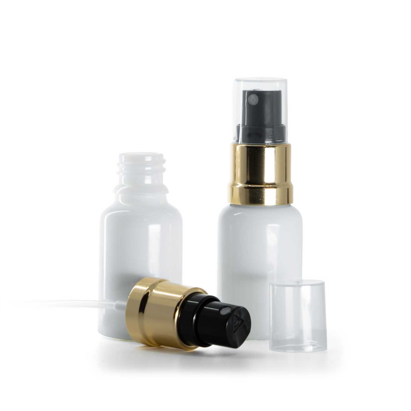 Butelka szklana, apteczna, biała, czarno-złoty atomizer, 15 ml