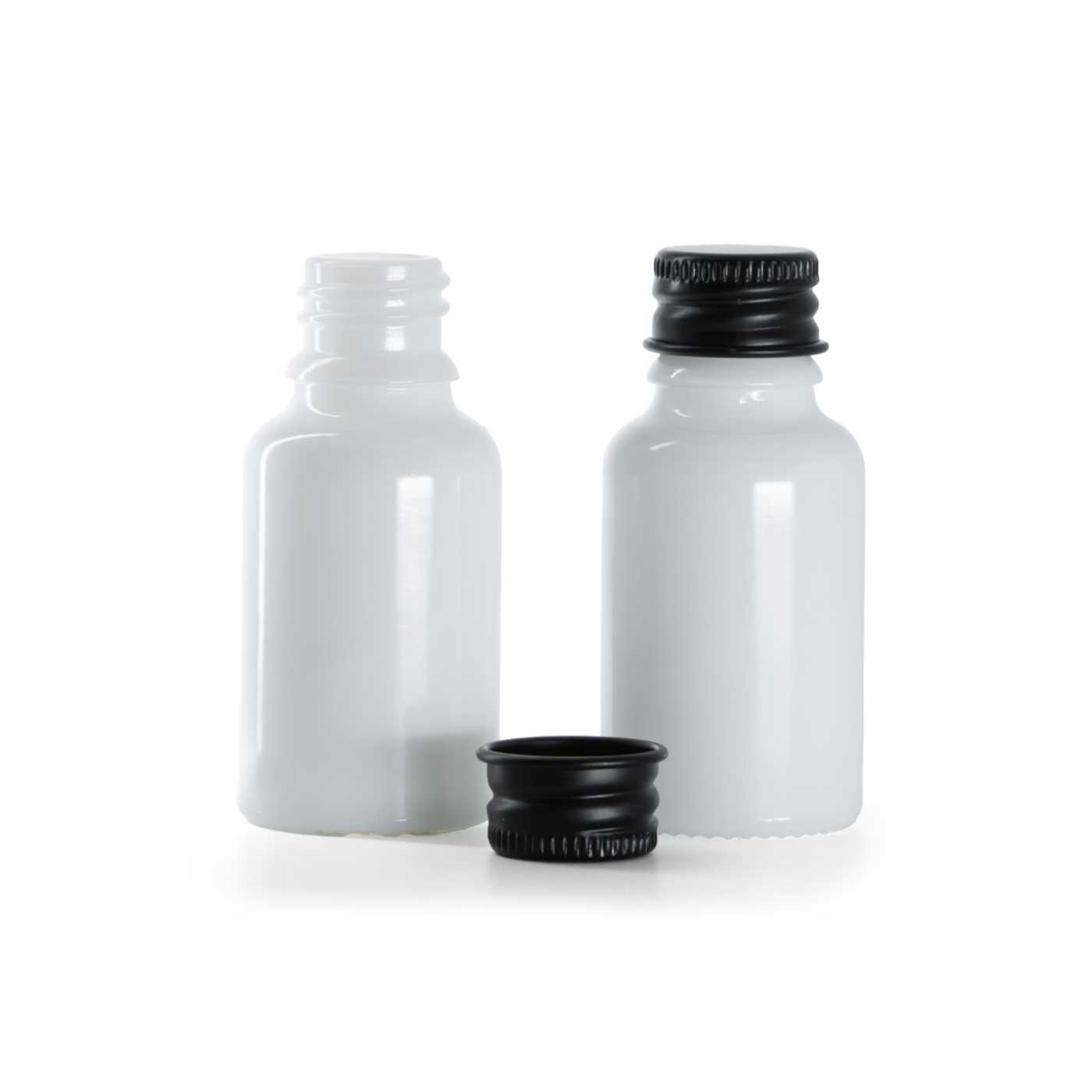 Butelka szklana, apteczna, biała, czarna nakrętka aluminiowa, 15 ml