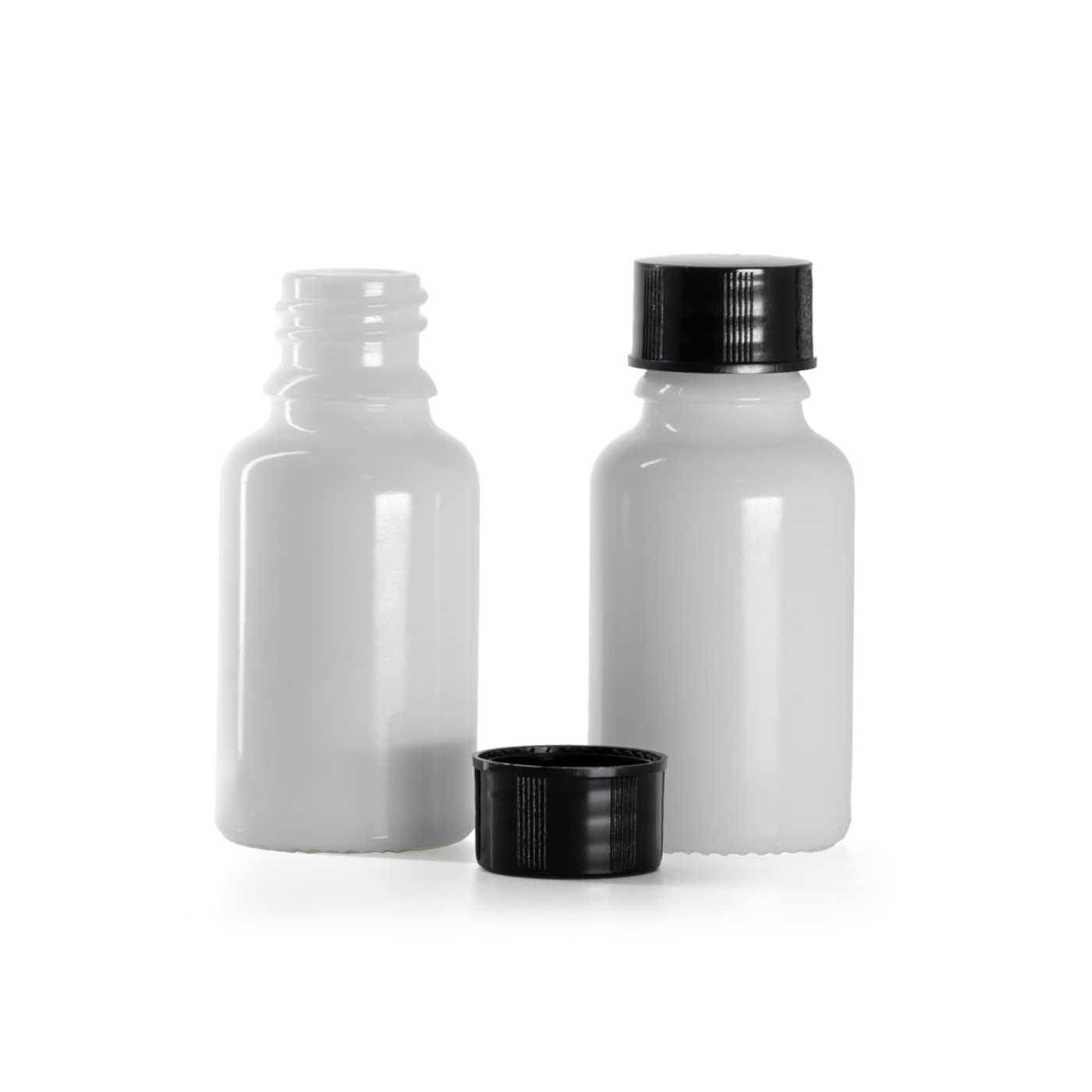 Butelka szklana, apteczna, biała, czarna nakrętka, 15 ml