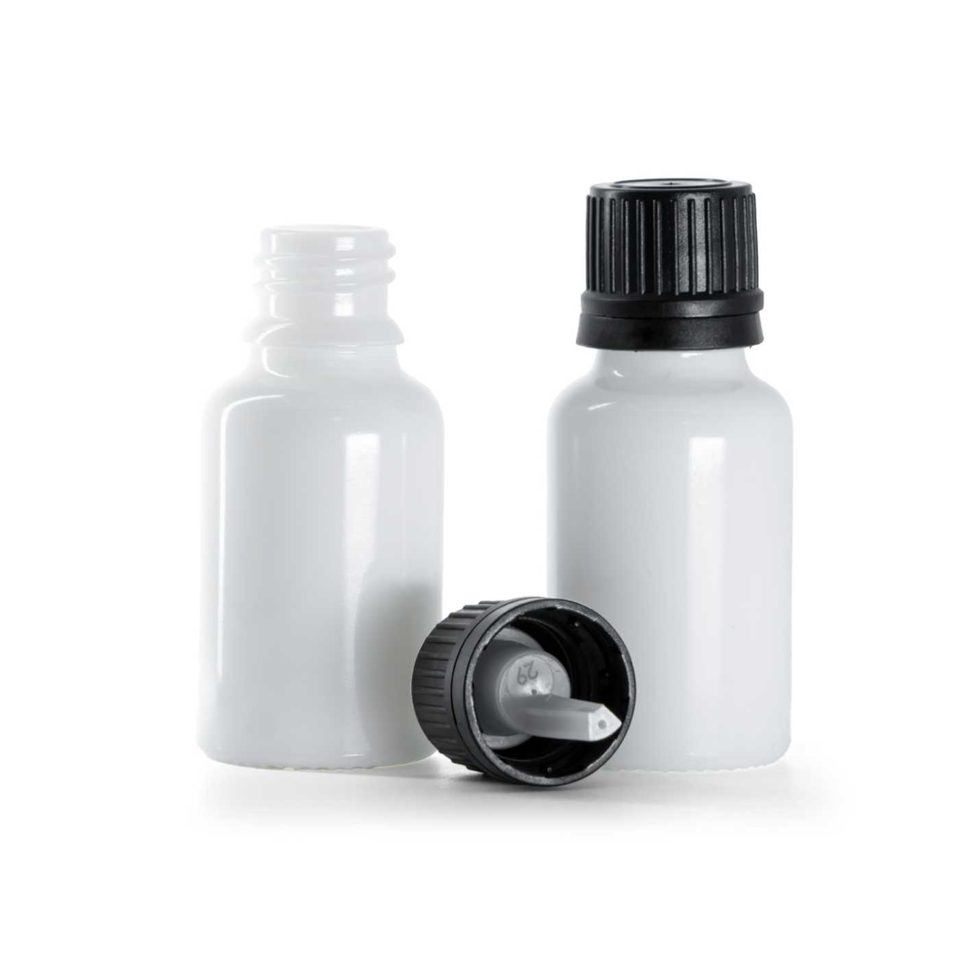 Butelka szklana, apteczna, biała, czarna nakrętka z kroplomierzem, 15 ml