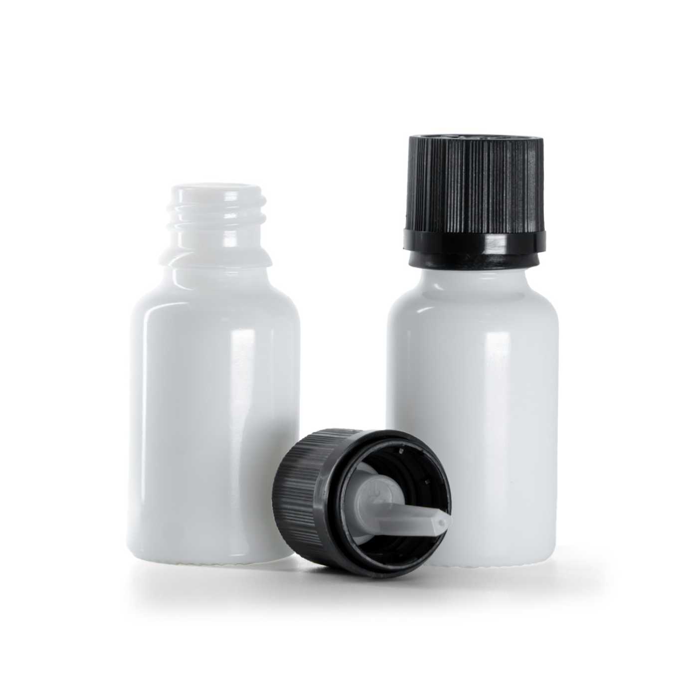 Butelka szklana, apteczna, biała, czarna ryflowana nakrętka z zabezpieczeniem, 15 ml