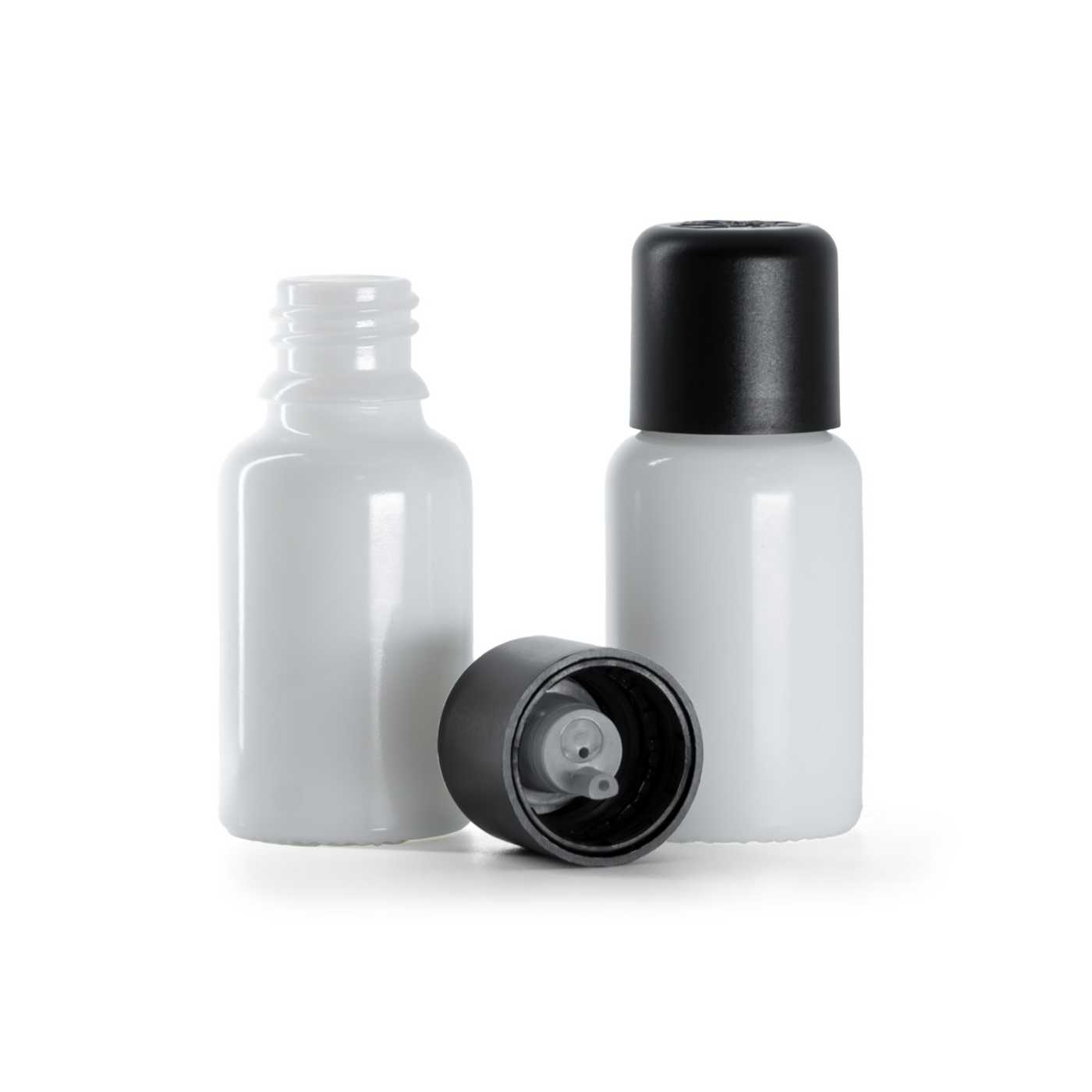 Butelka szklana, apteczna, biała, czarna nakrętka z zabezpieczeniem, 15 ml