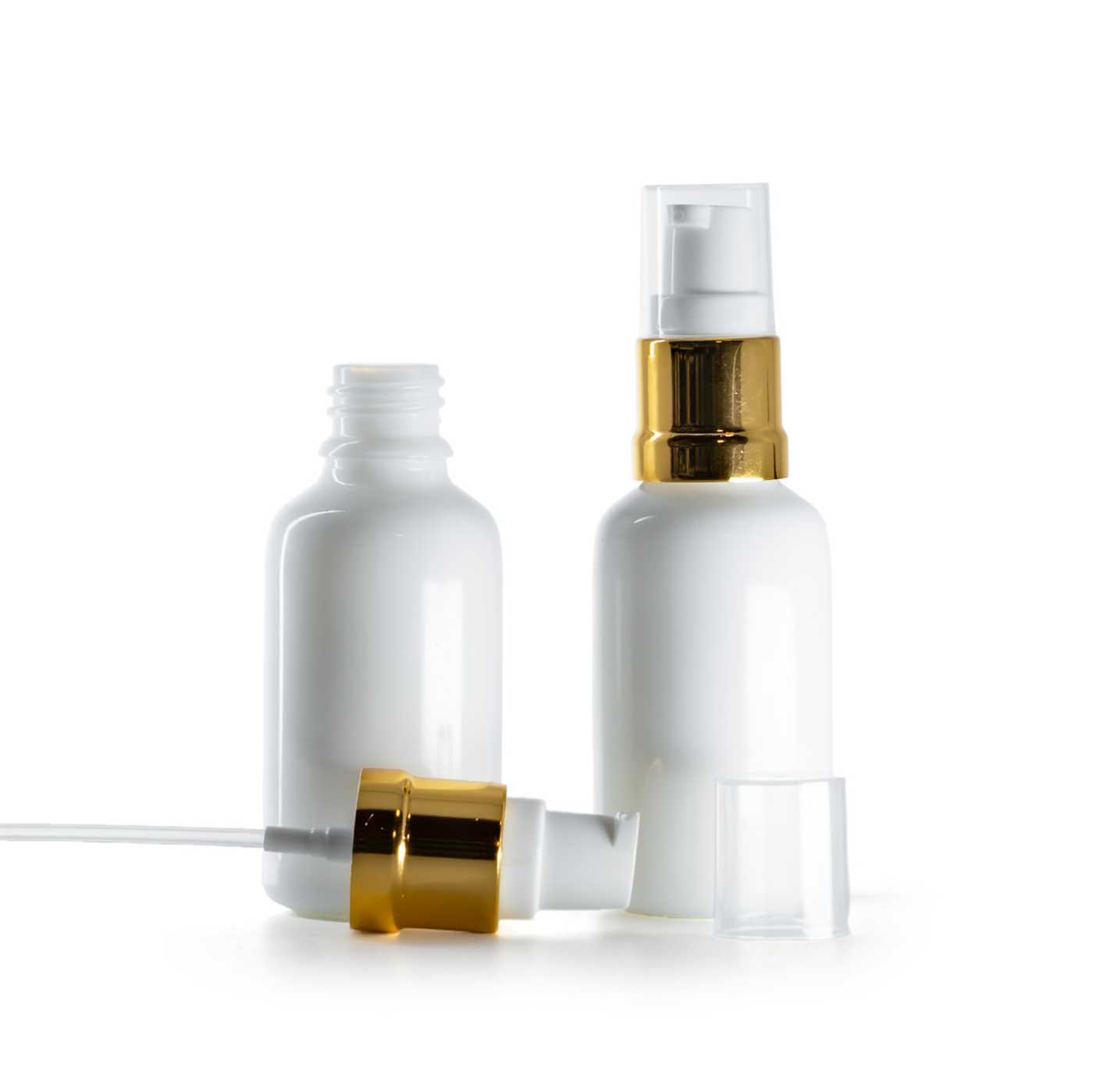 Flacon en verre blanc avec pompe blanche et or brillante 30 ml