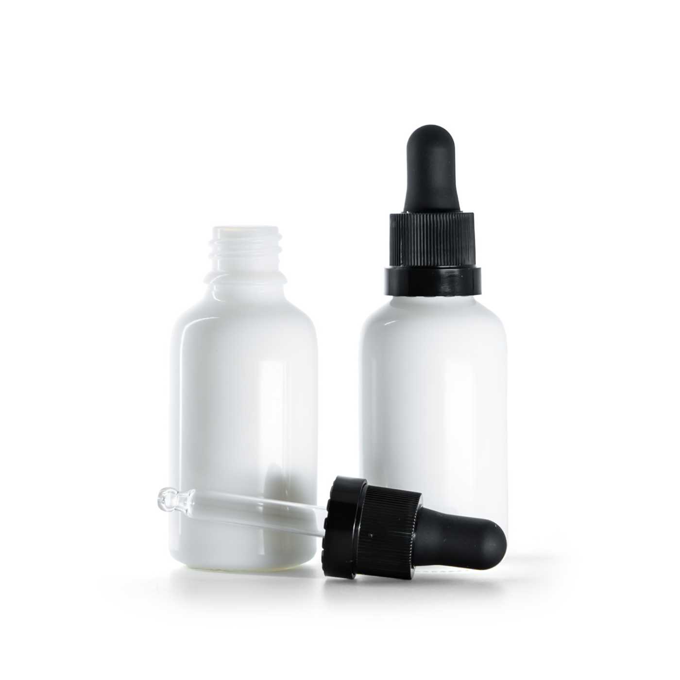 Flacon en verre blanc, compte-gouttes noir avec bague brillante, 30 ml