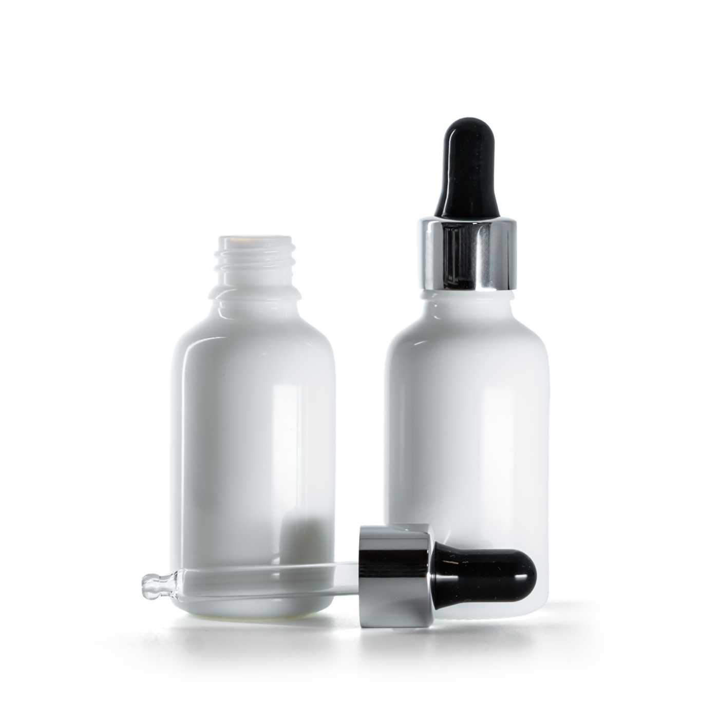 Flacon en verre blanc avec pipette noir et argent, 30 ml