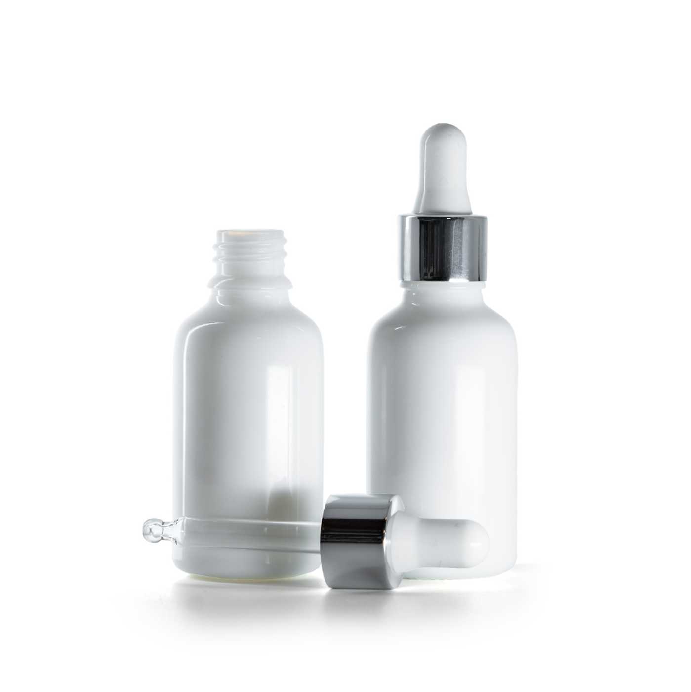 Flacon en verre blanc avec pipette argentée brillante, 30 ml