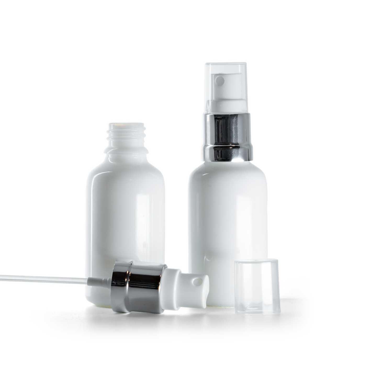 Butelka szklana apteczna, biała, biało-srebrny atomizer, 30 ml