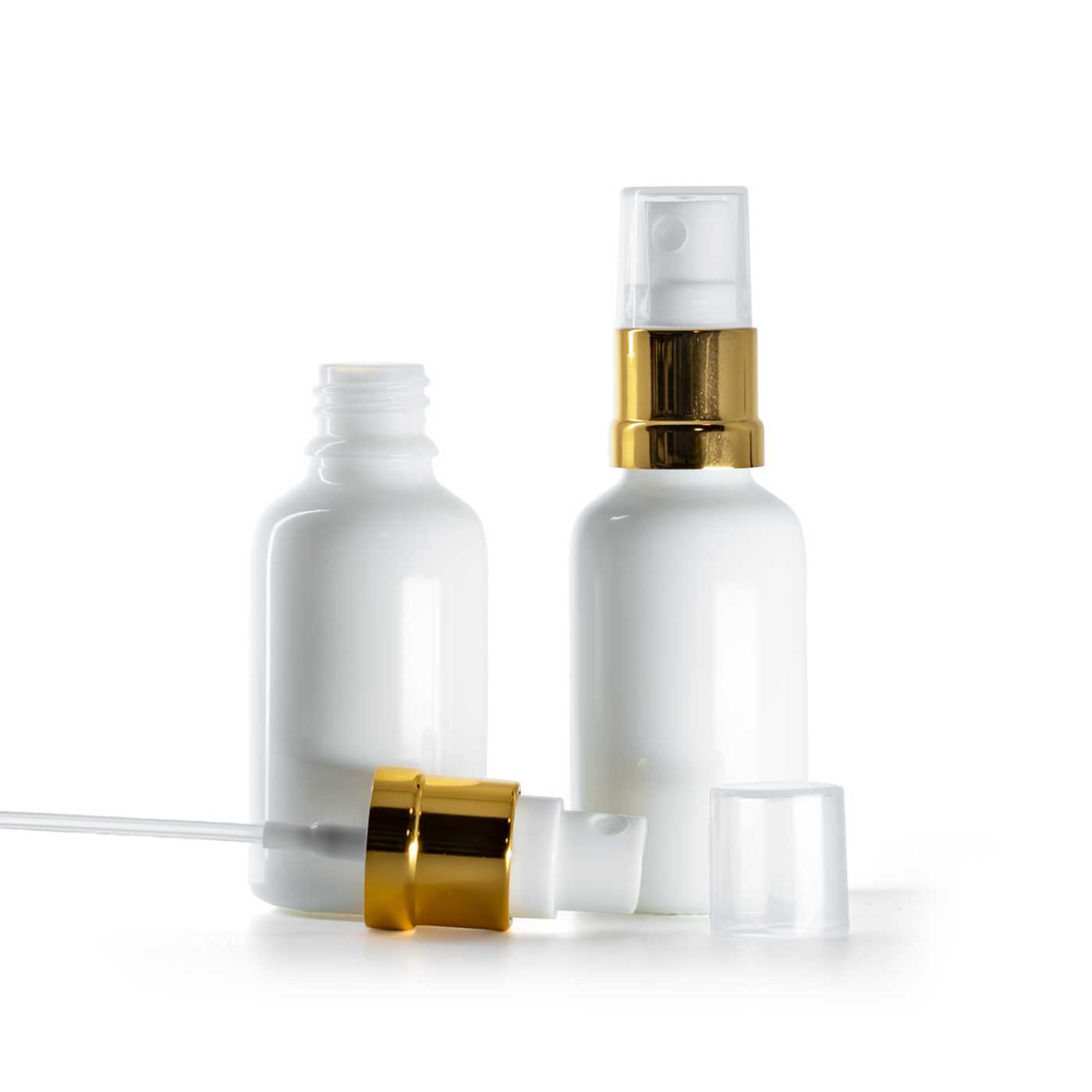 Flacon en verre blanc avec pompe spray blanc-or, 30 ml