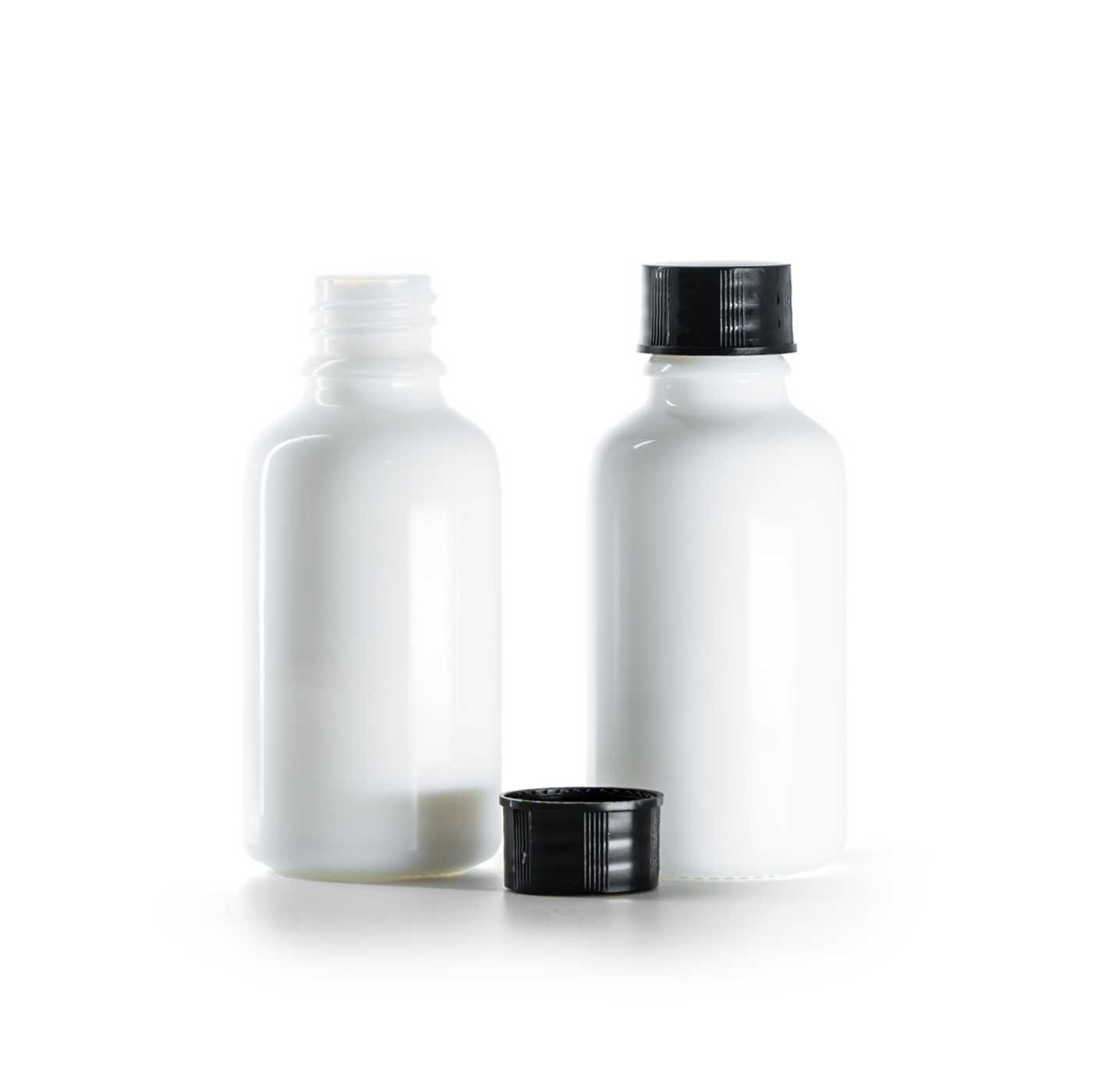 Butelka szklana, apteczna, biała, czarna nakrętka, 30 ml