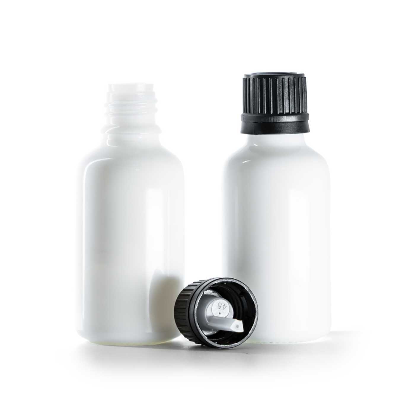 Flacon en verre blanc, bouchon noir avec pipette, 30 ml
