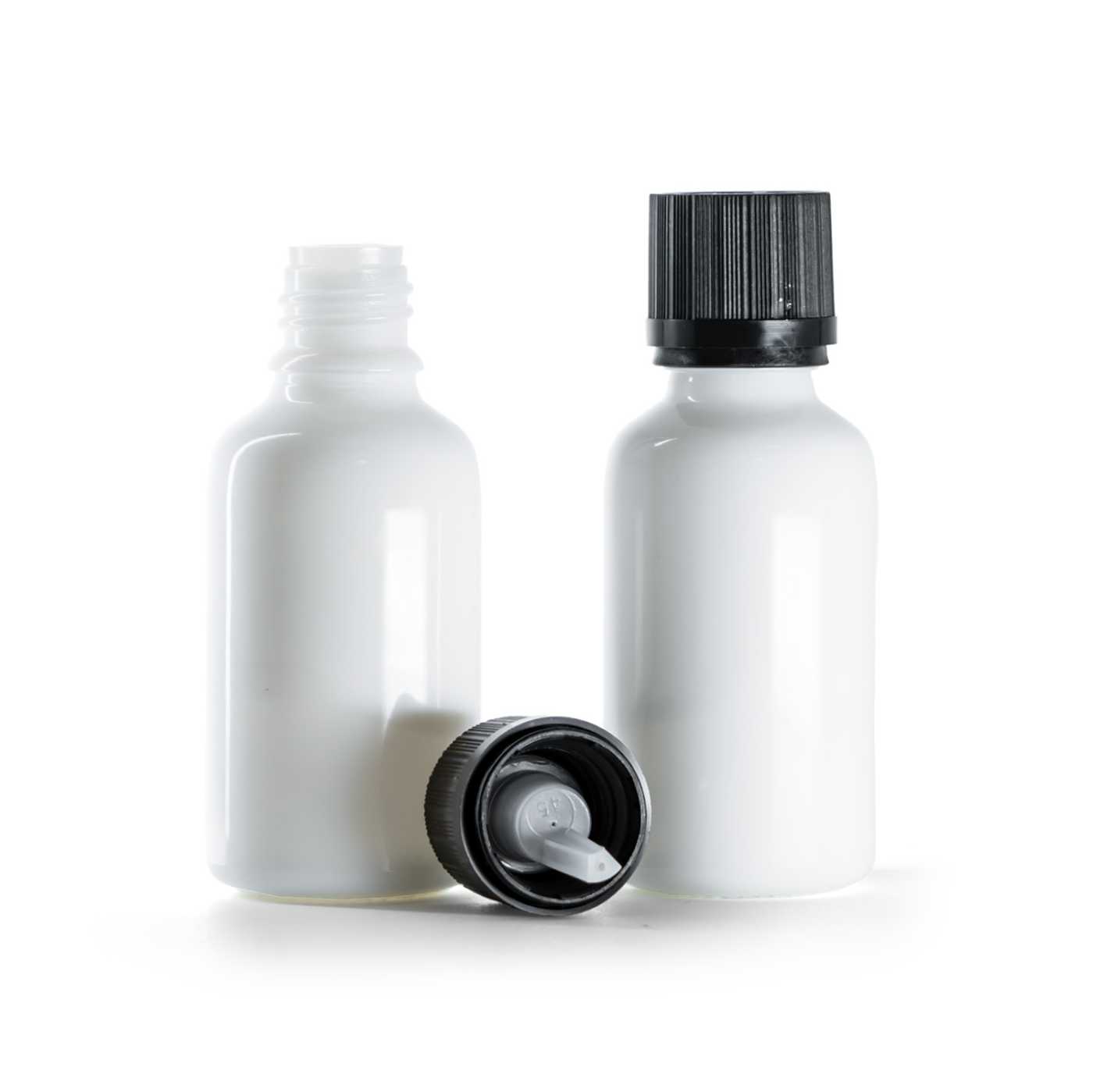 Flacon en verre blanc avec bouchon noir strié de sécurité, 30 ml