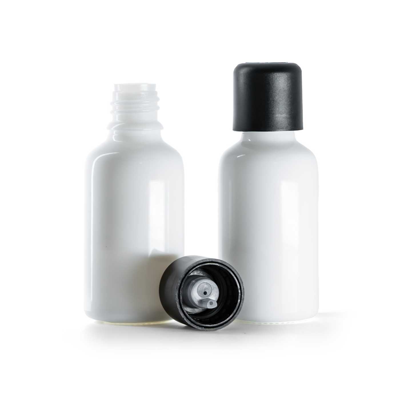 Flacon compte-gouttes en verre blanc avec bouchon de sécurité inviolable noir, 30 ml