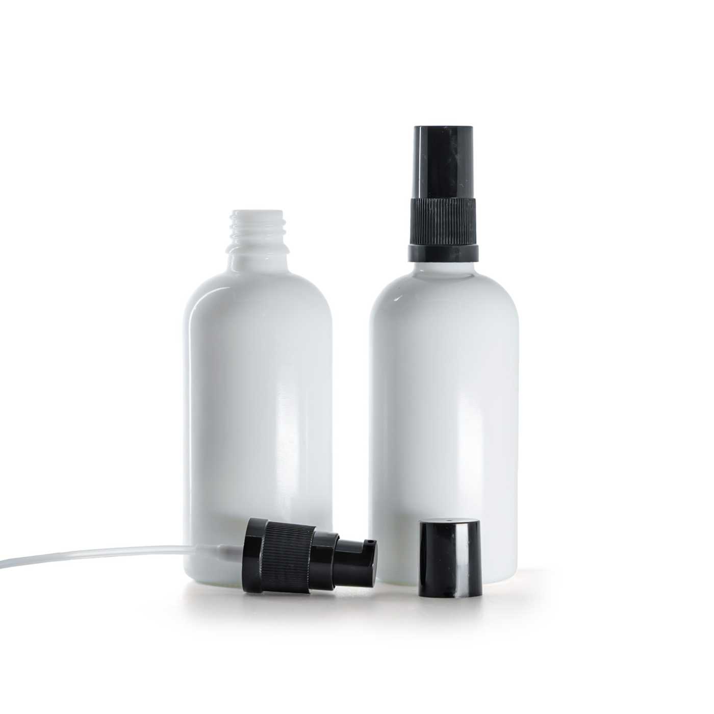 Butelka szklana, apteczna biała, czarny dozownik, czarny kapturek, 100 ml