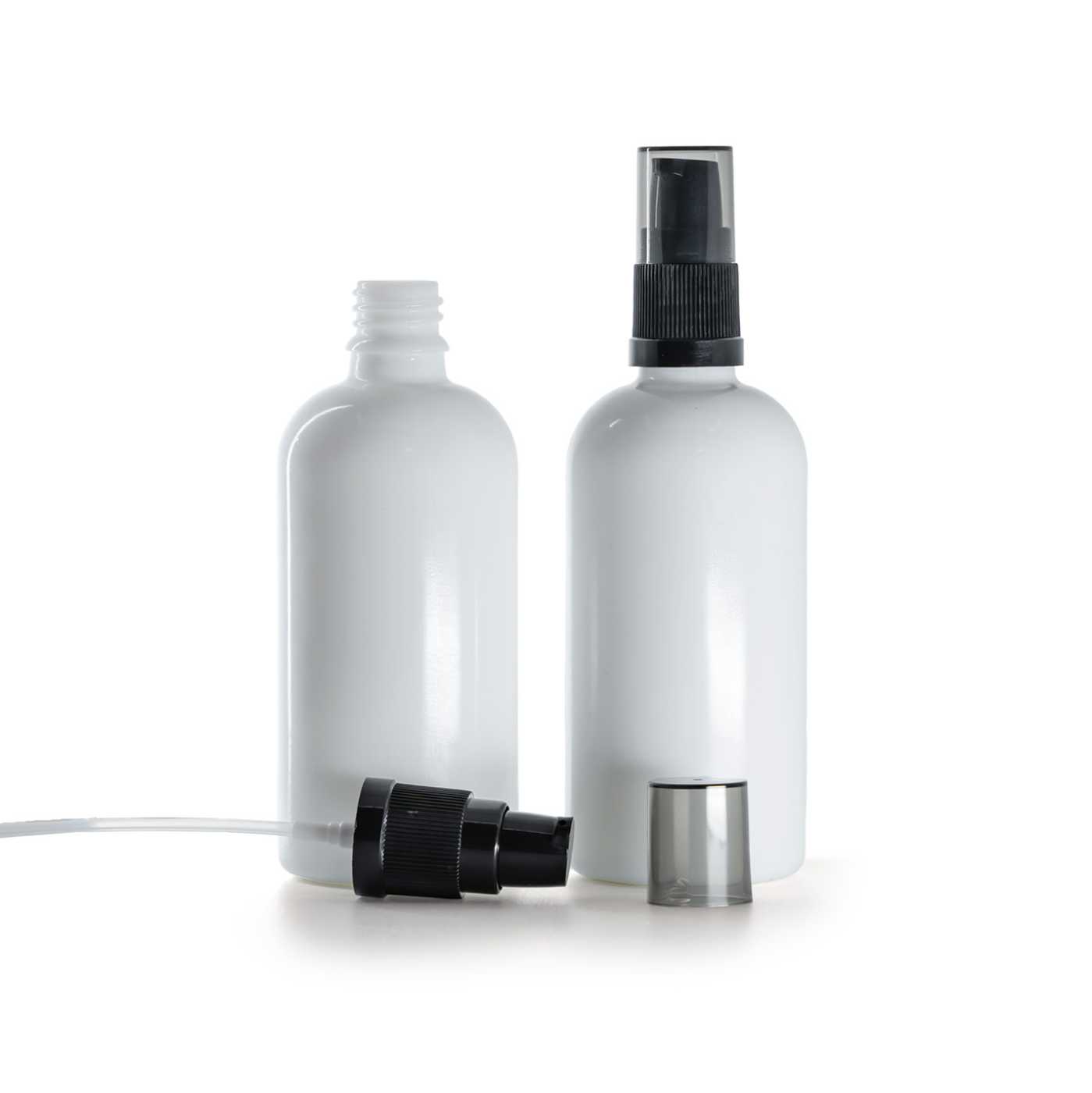 Butelka szklana, apteczna biała, czarny dozownik z dymnym kapturkiem, 100 ml