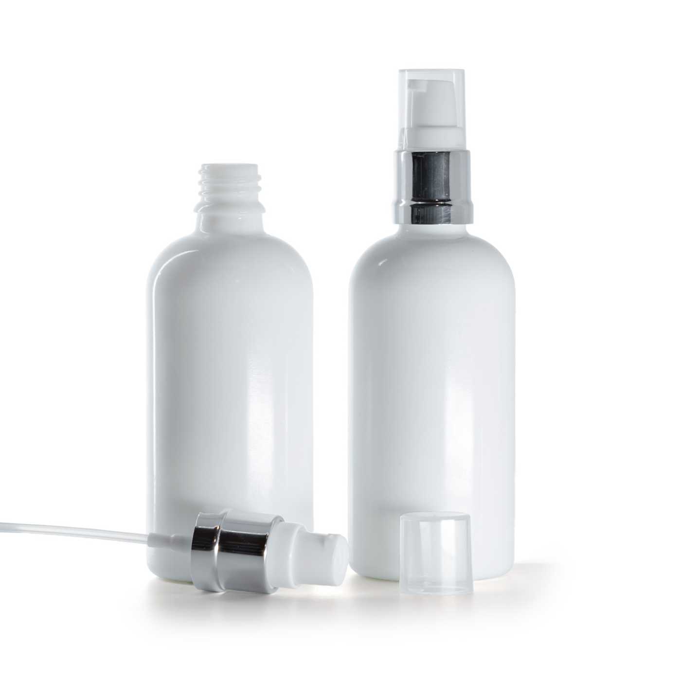 White Glass Bottle, Glossy Silver White Pump, 100 ml