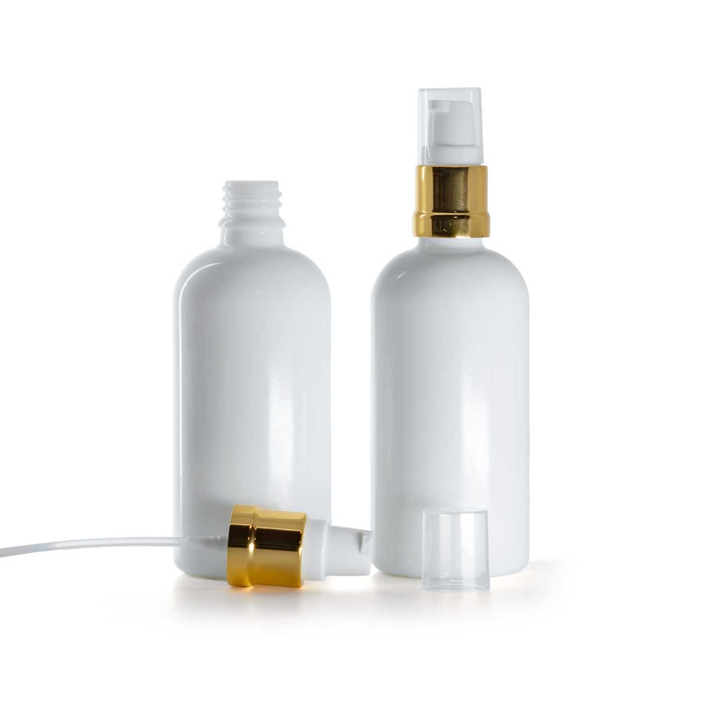 Butelka szklana apteczna, biała, biało-złoty błyszczący dozownik, 100 ml