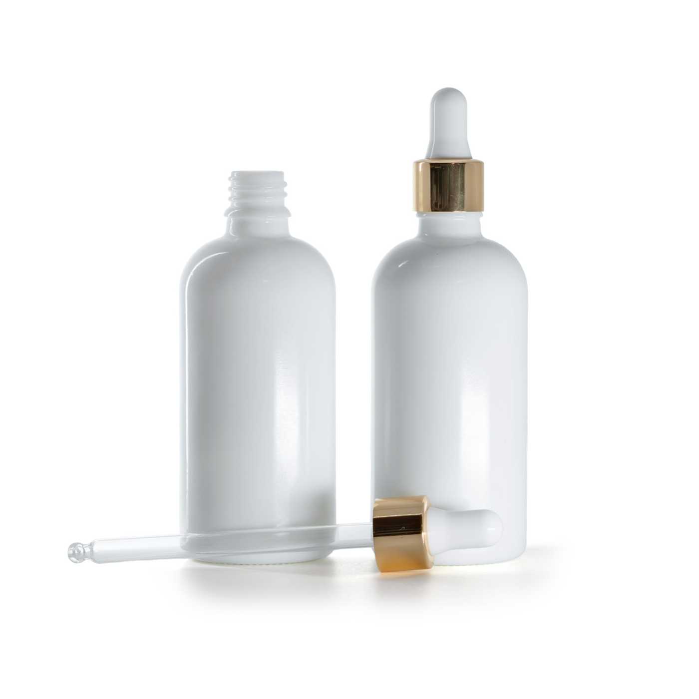 Butelka szklana apteczna, biała, biało-złoty kroplomierz, 100 ml
