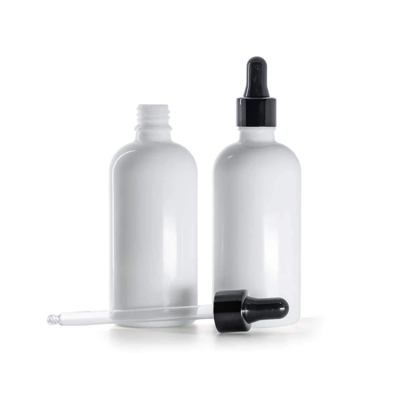Butelka szklana apteczna, biała, czarny błyszczący kroplomierz, 100 ml