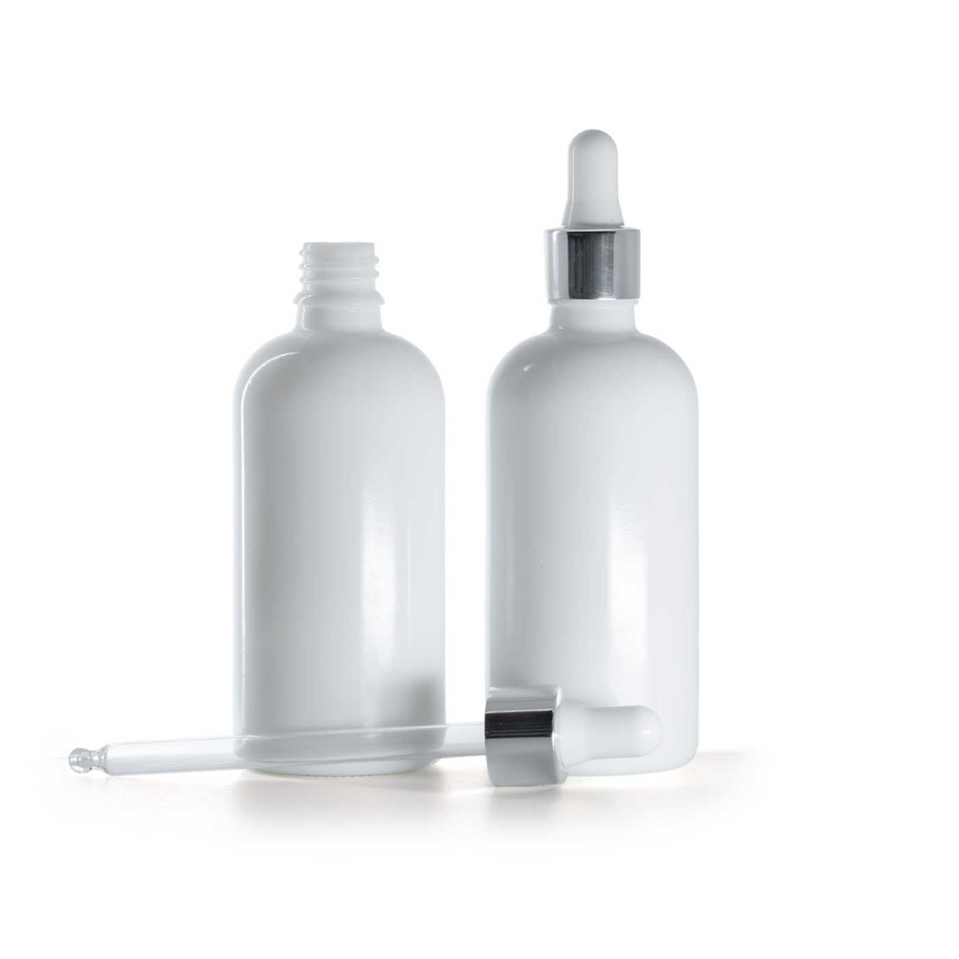 Butelka szklana apteczna, biała, srebrny błyszczący kroplomierz, 100 ml