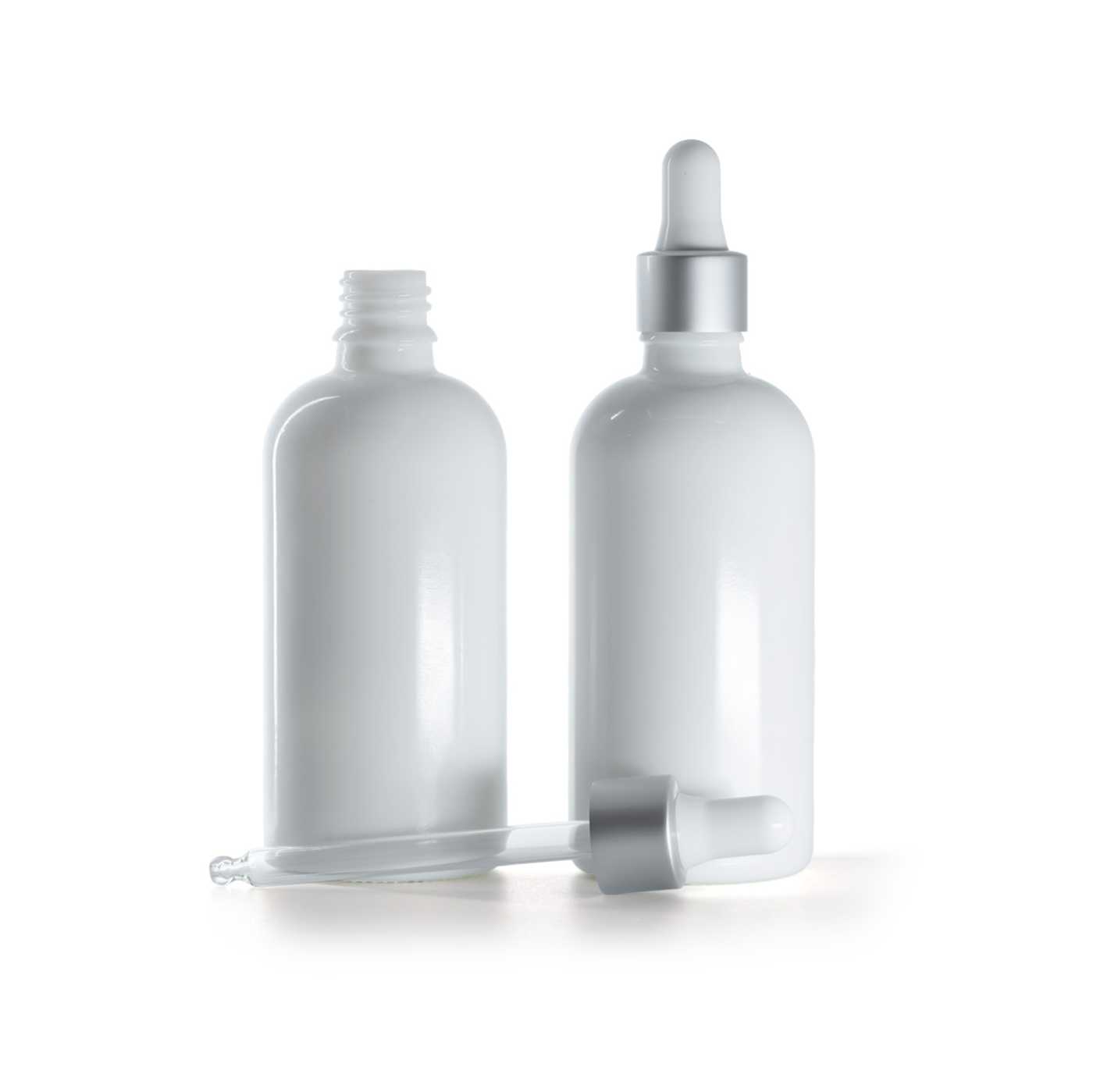 Butelka szklana apteczna, biała, srebrny matowy kroplomierz, 100 ml