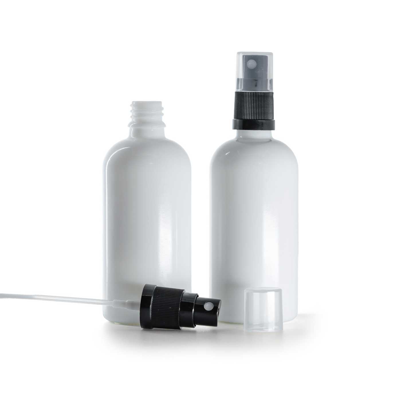 Butelka szklana, apteczna, biała, czarny atomizer, 100 ml