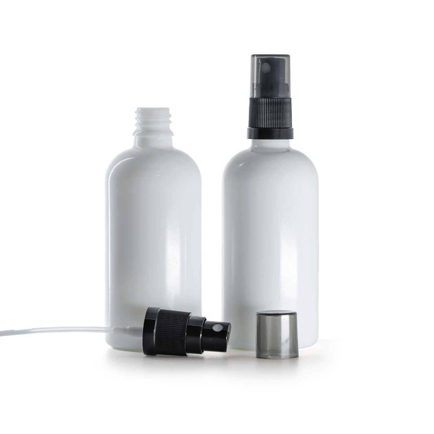 Butelka szklana, apteczna, biała, czarny atomizer, dymny kapturek, 100 ml