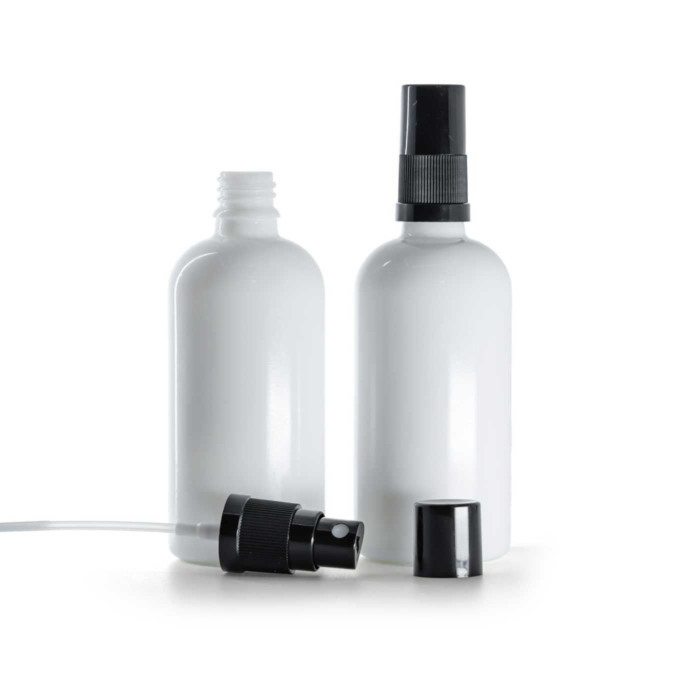 White Glass Bottle, Black Fine Mist Sprayer, Black Overcap, 100 ml