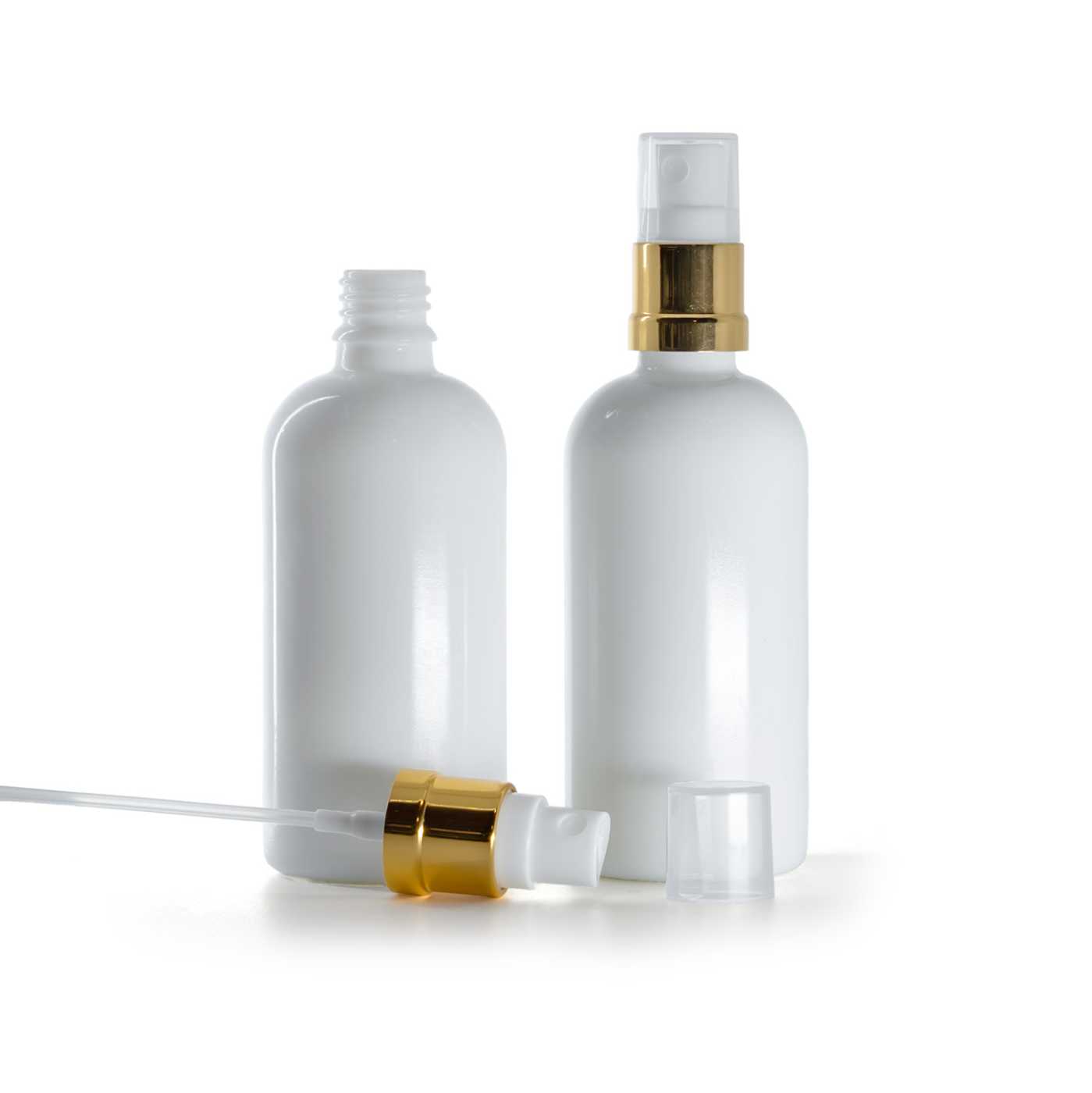 Butelka szklana apteczna, biała, biało-złoty atomizer, 100 ml