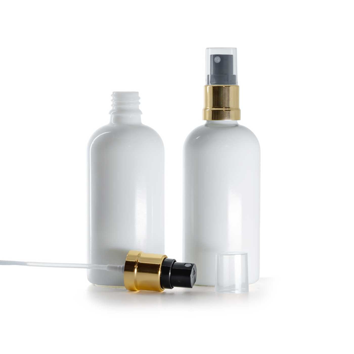 Butelka szklana, apteczna, biała, czarno-złoty atomizer, 100 ml