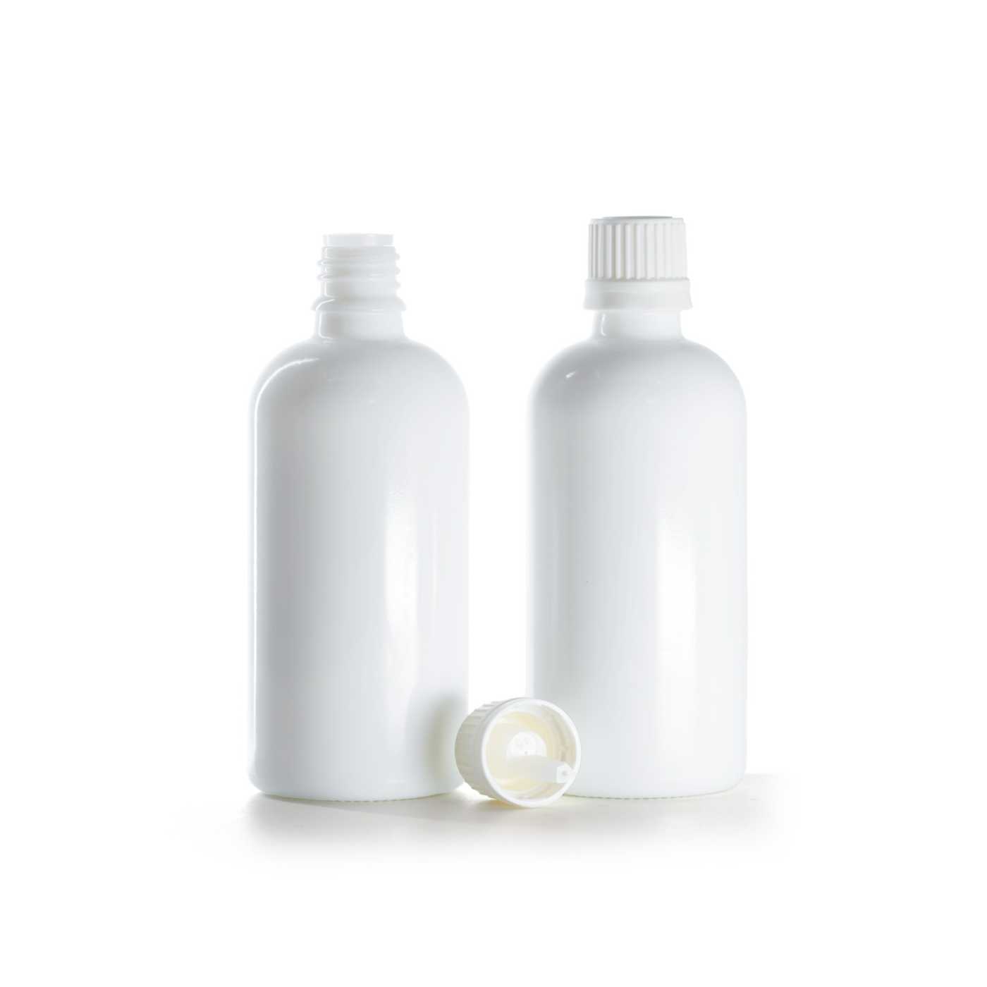 Butelka szklana, biała, biała nakrętka z kroplomierzem, 100 ml
