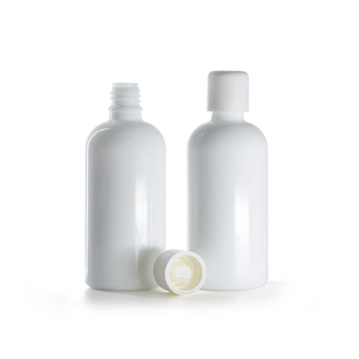 Butelka szklana, biała, biała nakrętka z zabezpieczeniem, 100 ml