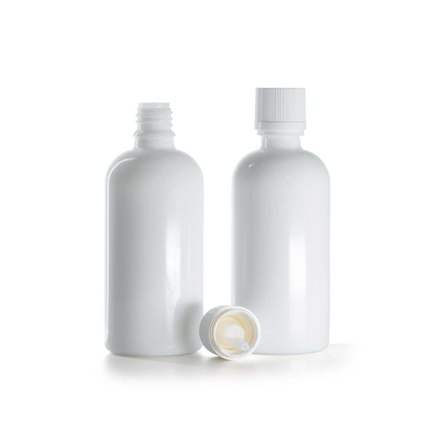 Butelka szklana, biała, biała karbowana nakrętka z zabezpieczeniem, 100 ml
