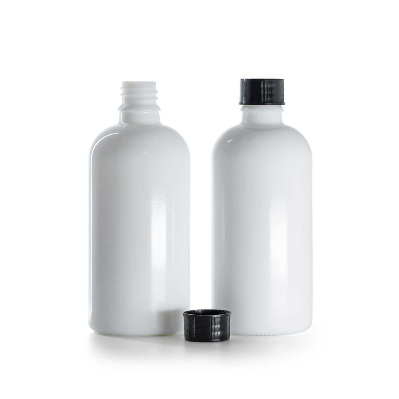 Butelka szklana, apteczna biała, czarna nakrętka, 100 ml