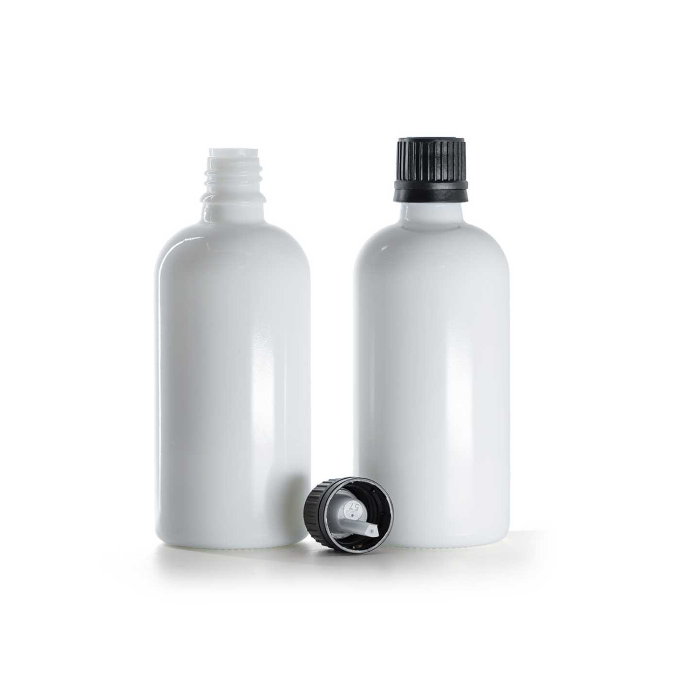 Butelka szklana, apteczna biała, czarna nakrętka z kroplomierzem, 100 ml