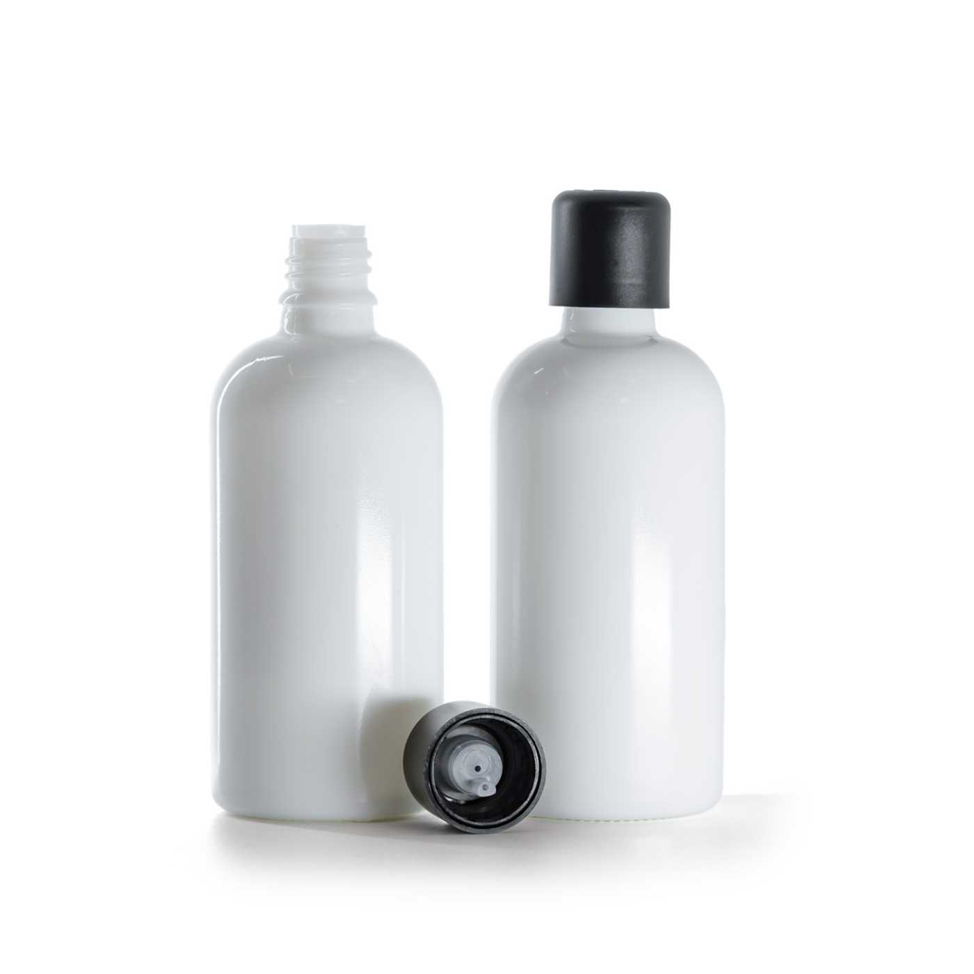 Butelka szklana, biała, czarna nakrętka z zabezpieczeniem, 100 ml
