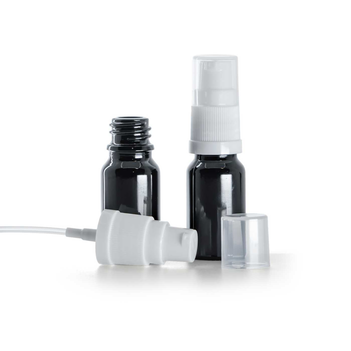 Butelka szklana, czarna błyszcząca, biały dozownik, 10 ml