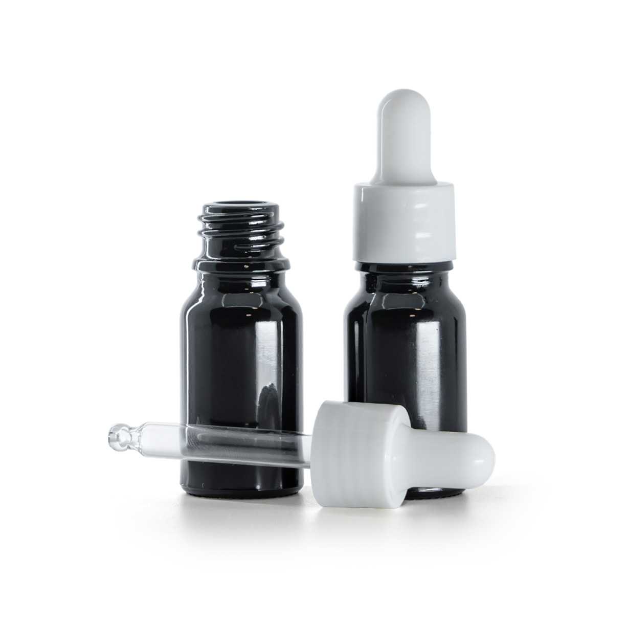 Üvegpalack, fényes fekete, fényes fehér pipetta, 10 ml