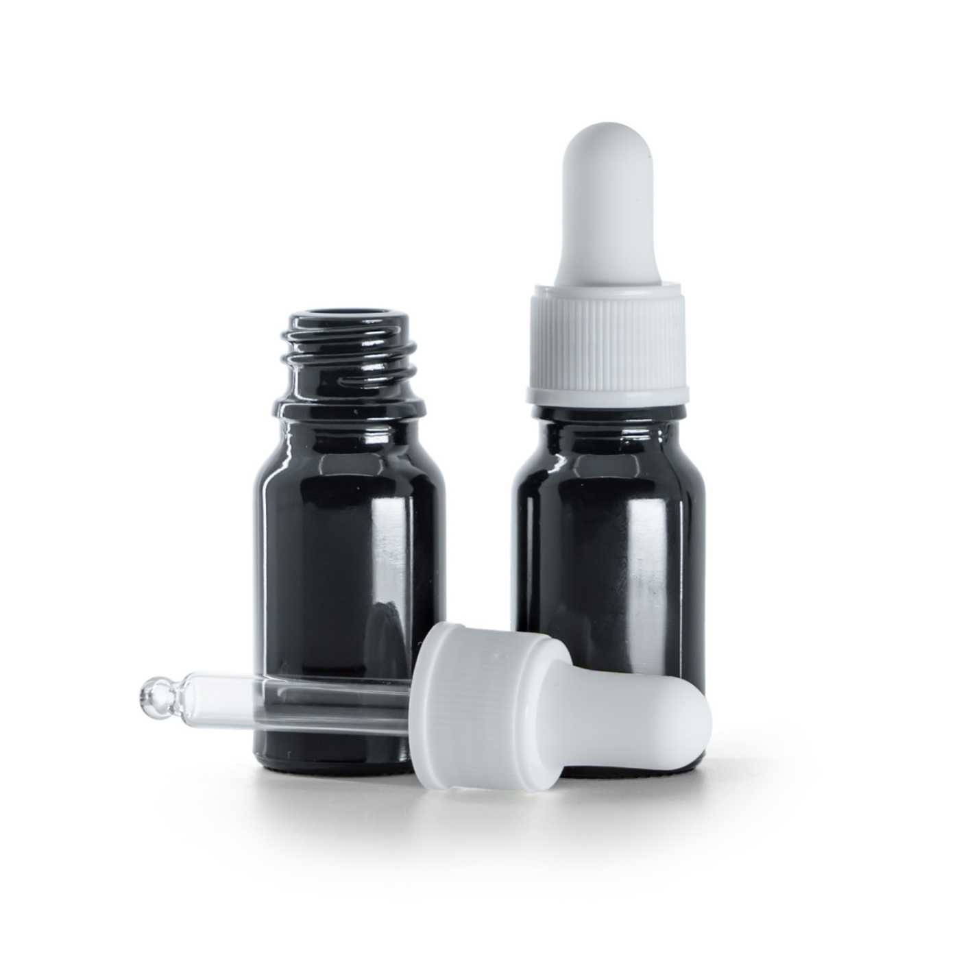 Butelka szklana czarna błyszcząca, kroplomierz biały matowy, 10 ml