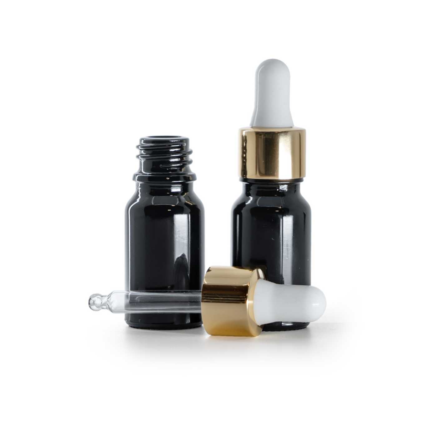 Sklenená fľaška, čierna lesklá, bielo-zlaté kvapátko, 10 ml
