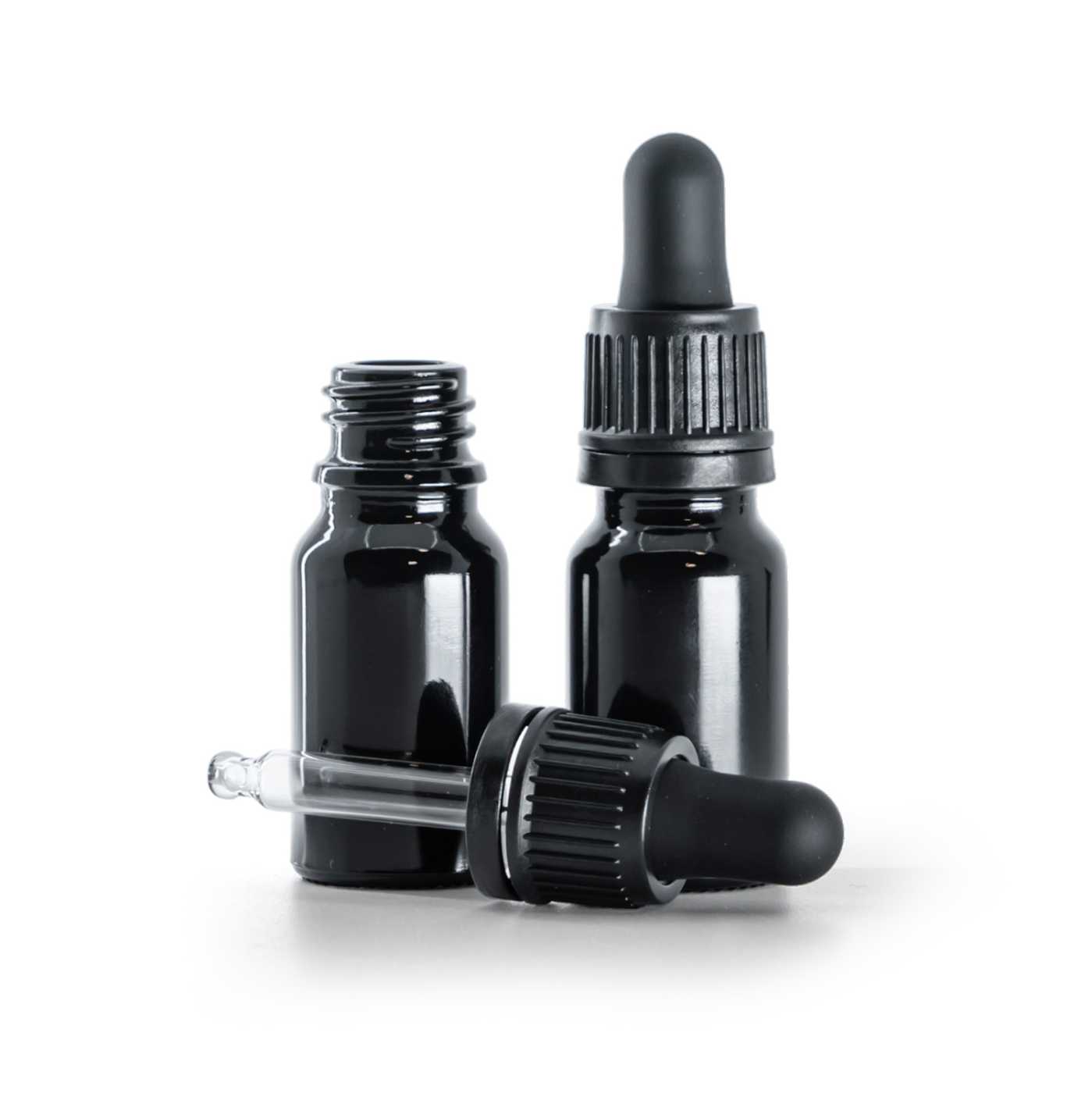 Butelka szklana, czarna błyszcząca, czarny kroplomierz, 10 ml