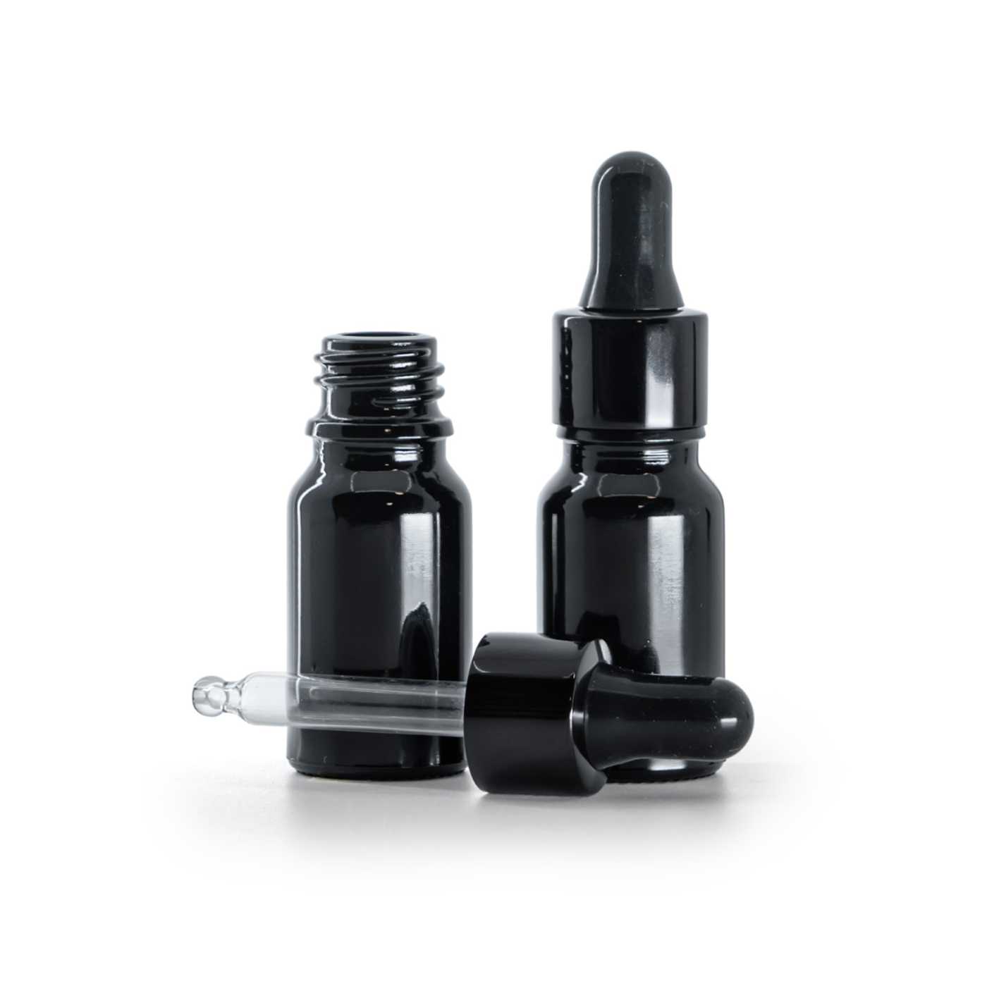 Sklenená fľaška, čierna lesklá, čierne lesklé kvapátko, 10 ml