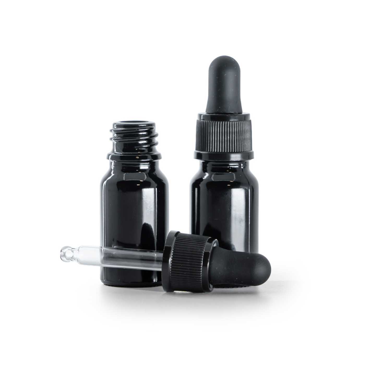 Butelka szklana, czarna błyszcząca, czarny kroplomierz matowy, 10 ml