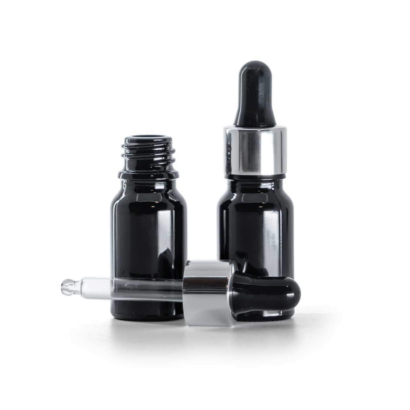 Butelka szklana, czarna błyszcząca, czarno-srebrny kroplomierz, 10 ml