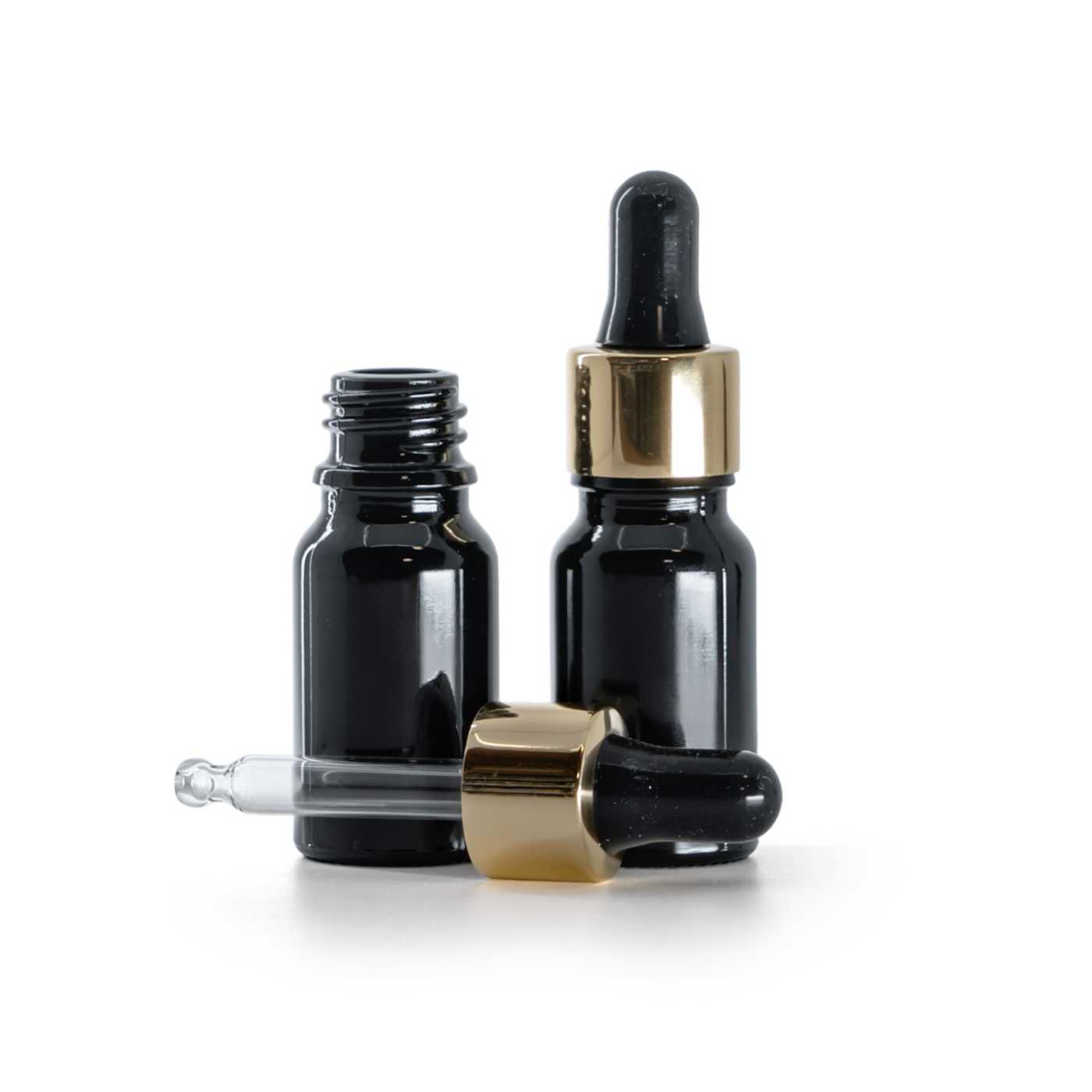Butelka szklana, czarna błyszcząca, czarno-złoty kroplomierz, 10 ml