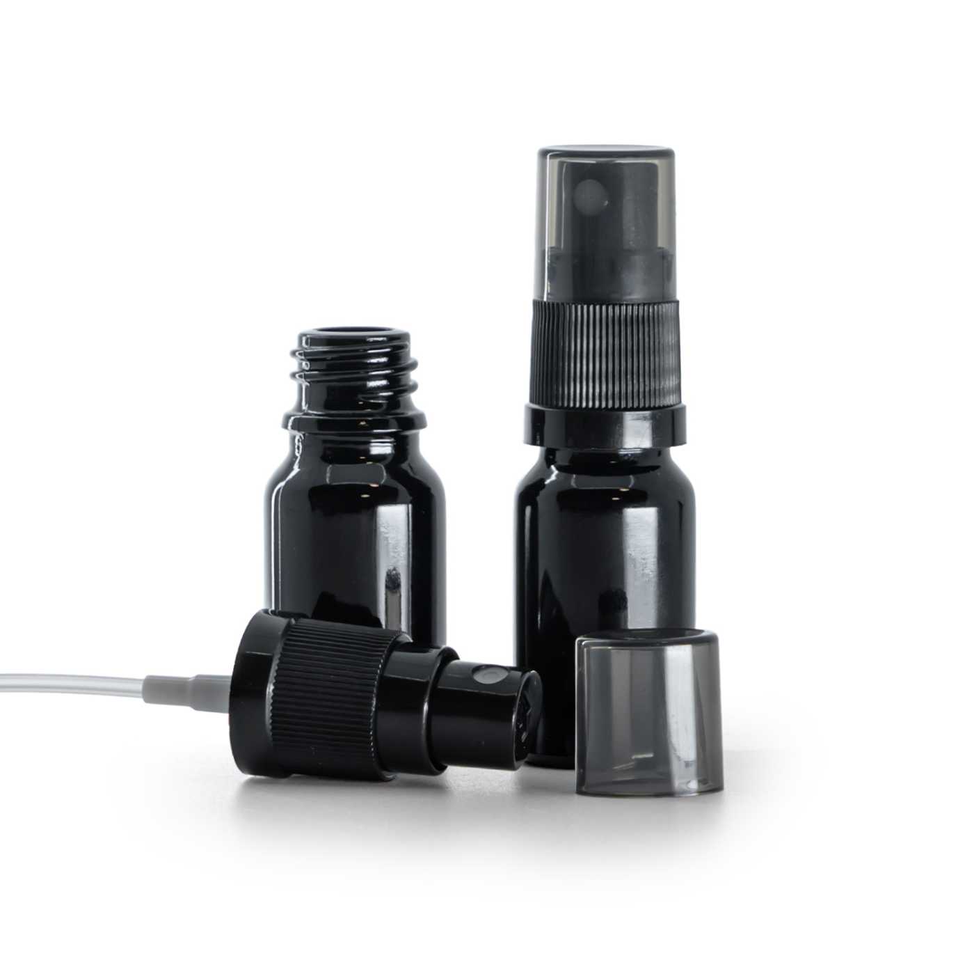 Flacon en verre noir brillant, spray brume fine noir, surcapuchon fumé, 10 ml