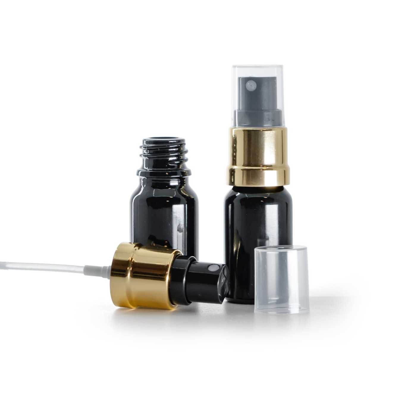 Flacon en verre noir brillant, pulvérisateur noir et or brillant, 10 ml