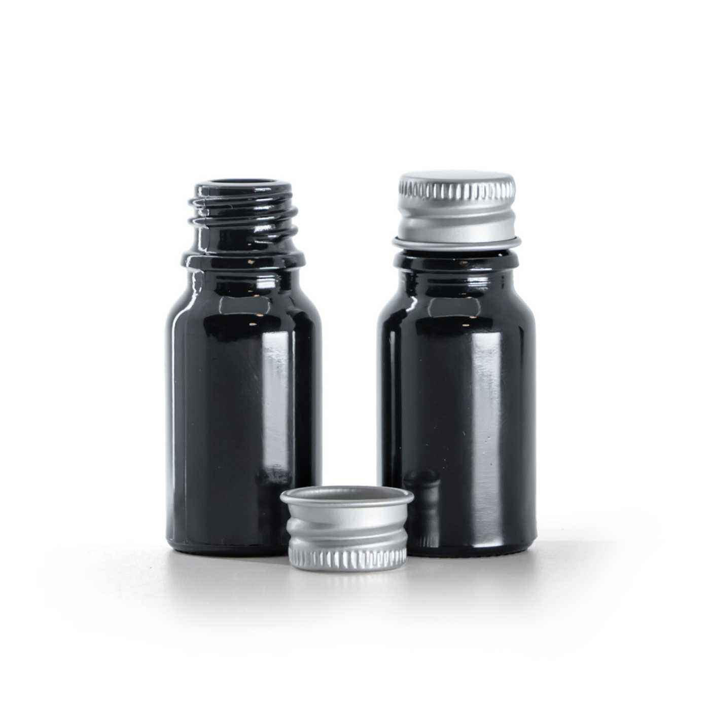 Flacon, verre, noir brillant, 10 ml, bouchon en aluminium, argenté